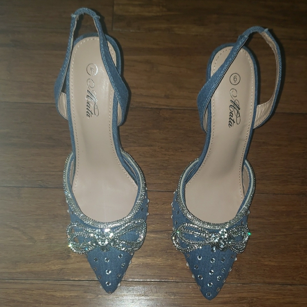 Blue Slingback Heels with Sparkling Toe Design